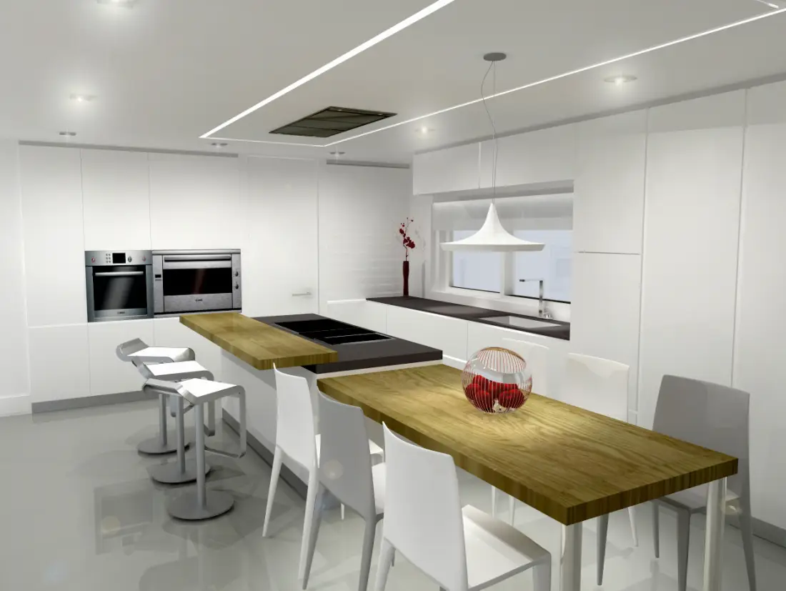 Cocina blanca con isla central integrada, reforma integral en Barcelona